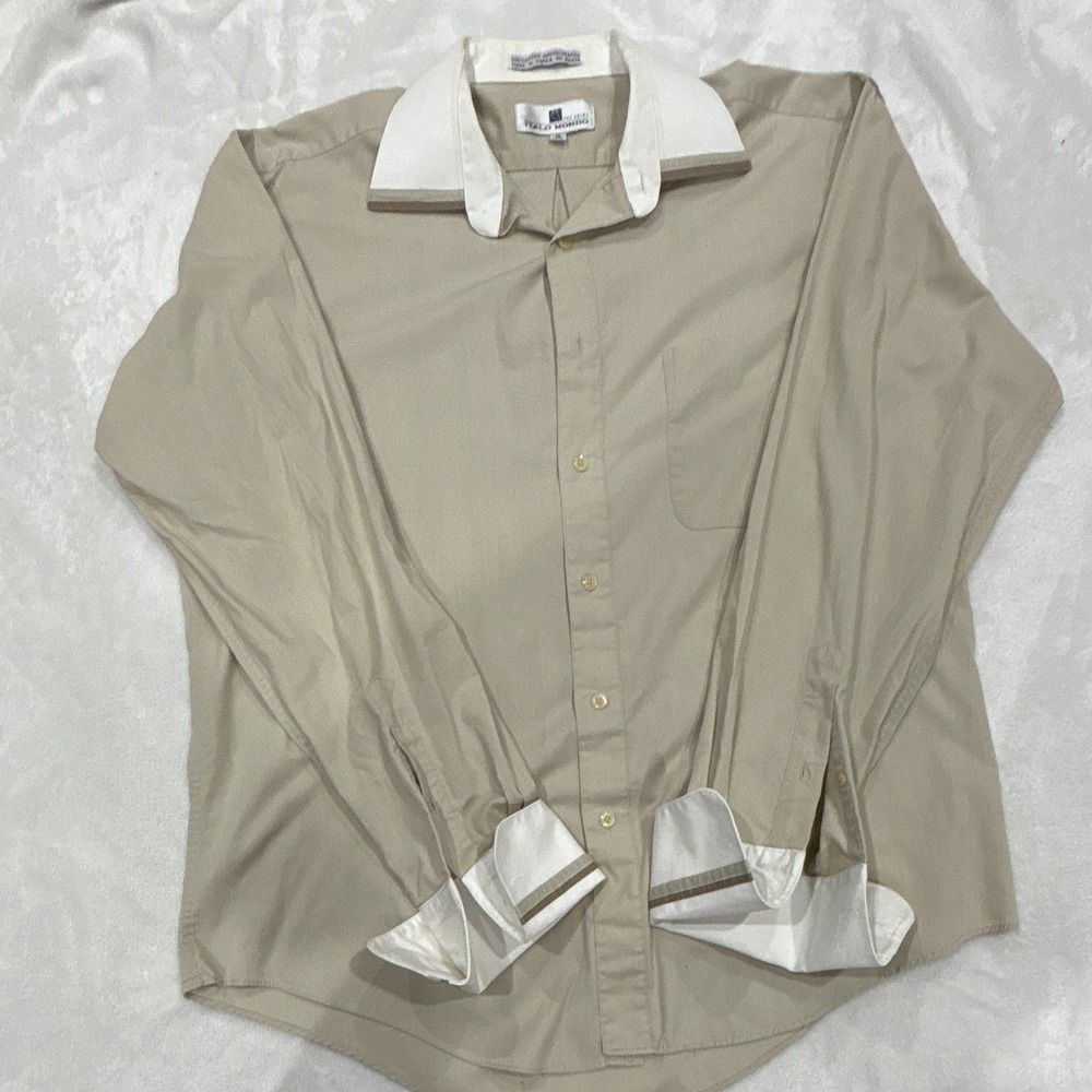Italo Mondo Beige/White Solid Cotton Blend Dress Shirt Pockets 16 34/35